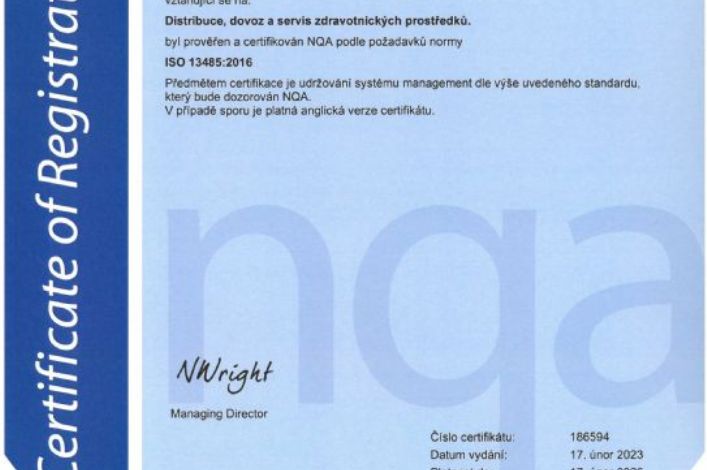 Firma KRÁSNÝ– zdravotnická technika s.r.o. získala certifikát ISO 13485 od prestižní Britské společnosti NQA!