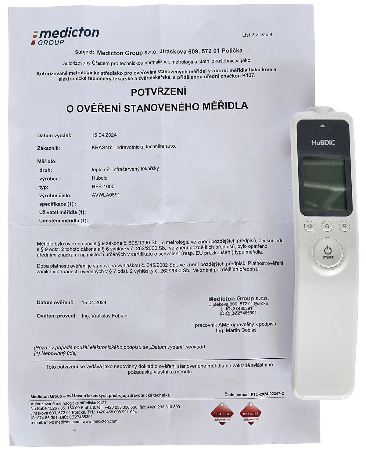 TEPLOMĚR HUBDIC HFS-1000 s kalibračním listem TEPLOMĚR HUBDIC HFS-1000 s kalibračním listem