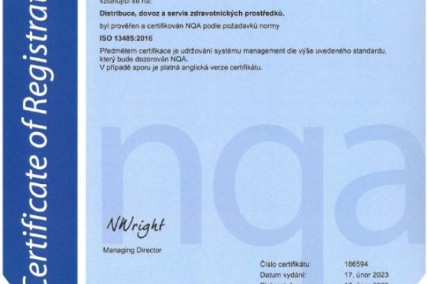 Firma KRÁSNÝ– zdravotnická technika s.r.o. získala certifikát ISO 13485 od prestižní Britské společnosti NQA!