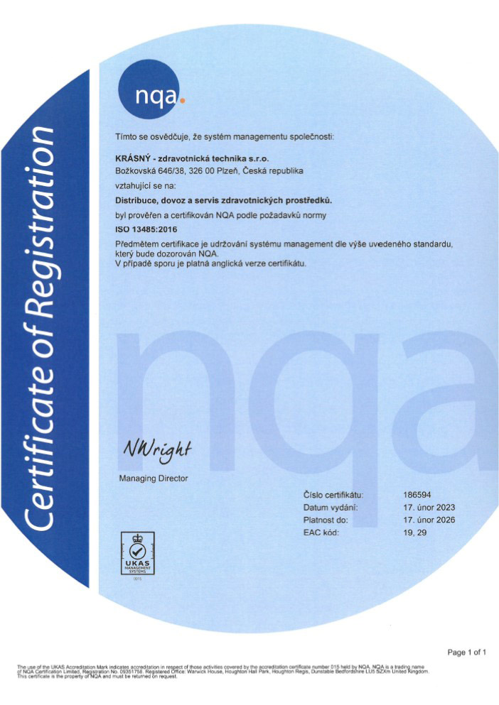 Společnost KRÁSNÝ - zdravotnická technika s.r.o. získala certifikát ISO 13485