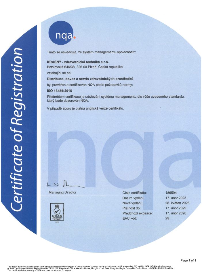 Firma KRÁSNY – zdravotnícka technika s.r.o. splnila medzinárodnú normu ISO 13485:2016.ed.2 manažmentu kvality zdravotníckych prístrojov a pomôcok. Firma KRÁSNY – zdravotnícka technika s.r.o. splnila medzinárodnú normu ISO 13485:2016.ed.2 manažmentu kvality zdravotníckych prístrojov a pomôcok.