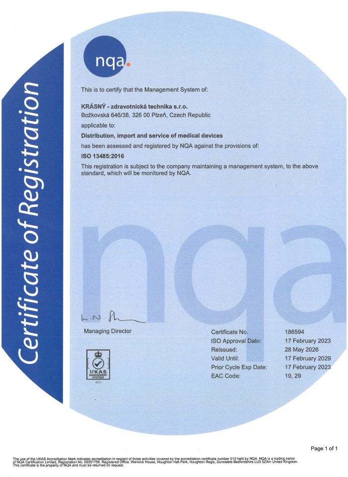Firma KRÁSNY – zdravotnícka technika s.r.o. splnila medzinárodnú normu ISO 13485:2016.ed.2 manažmentu kvality zdravotníckych prístrojov a pomôcok. Firma KRÁSNY – zdravotnícka technika s.r.o. splnila medzinárodnú normu ISO 13485:2016.ed.2 manažmentu kvality zdravotníckych prístrojov a pomôcok.